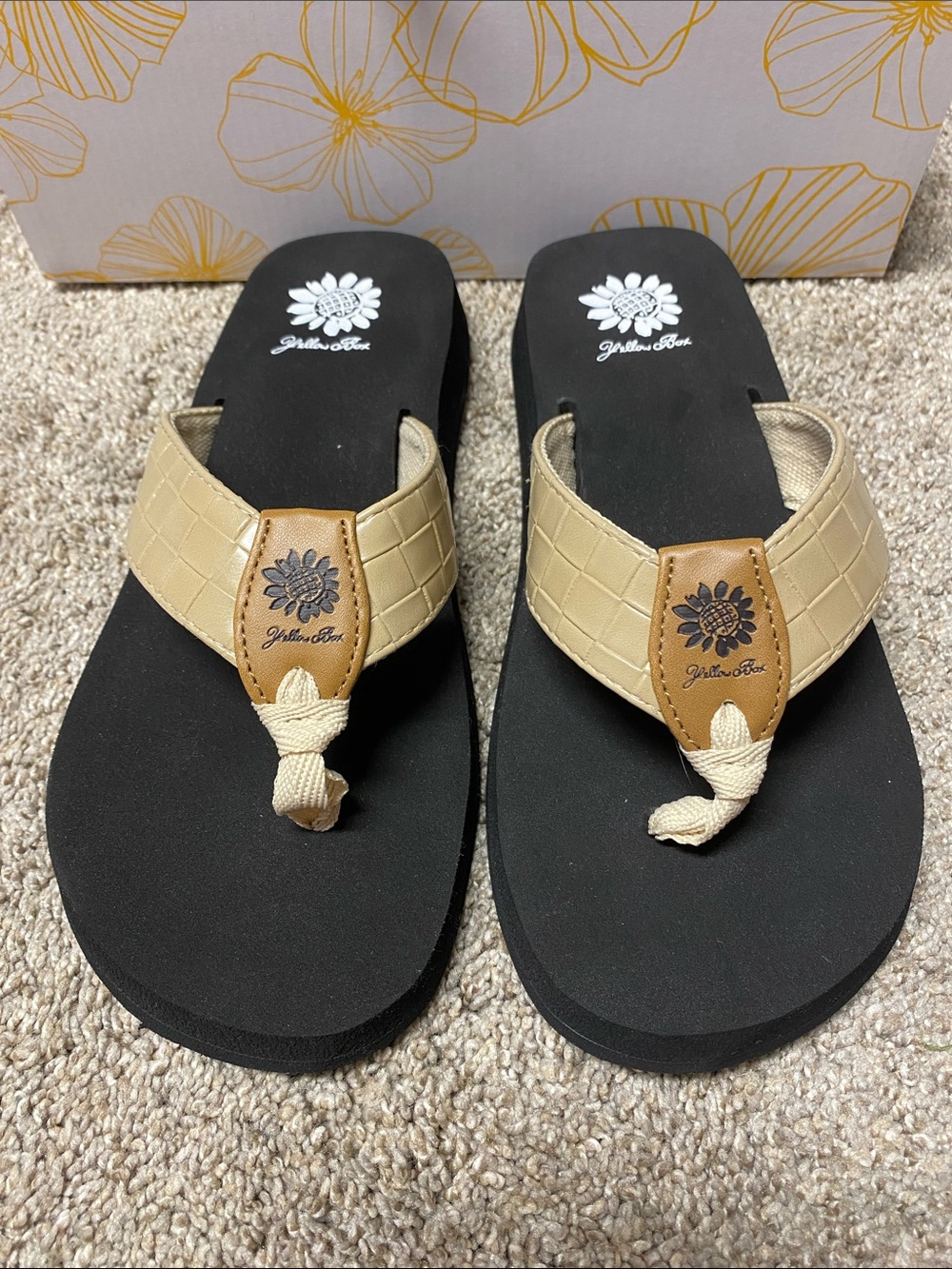 Yellow Box Black Footbed with Tan Woven Strap Flip Flop Sandals